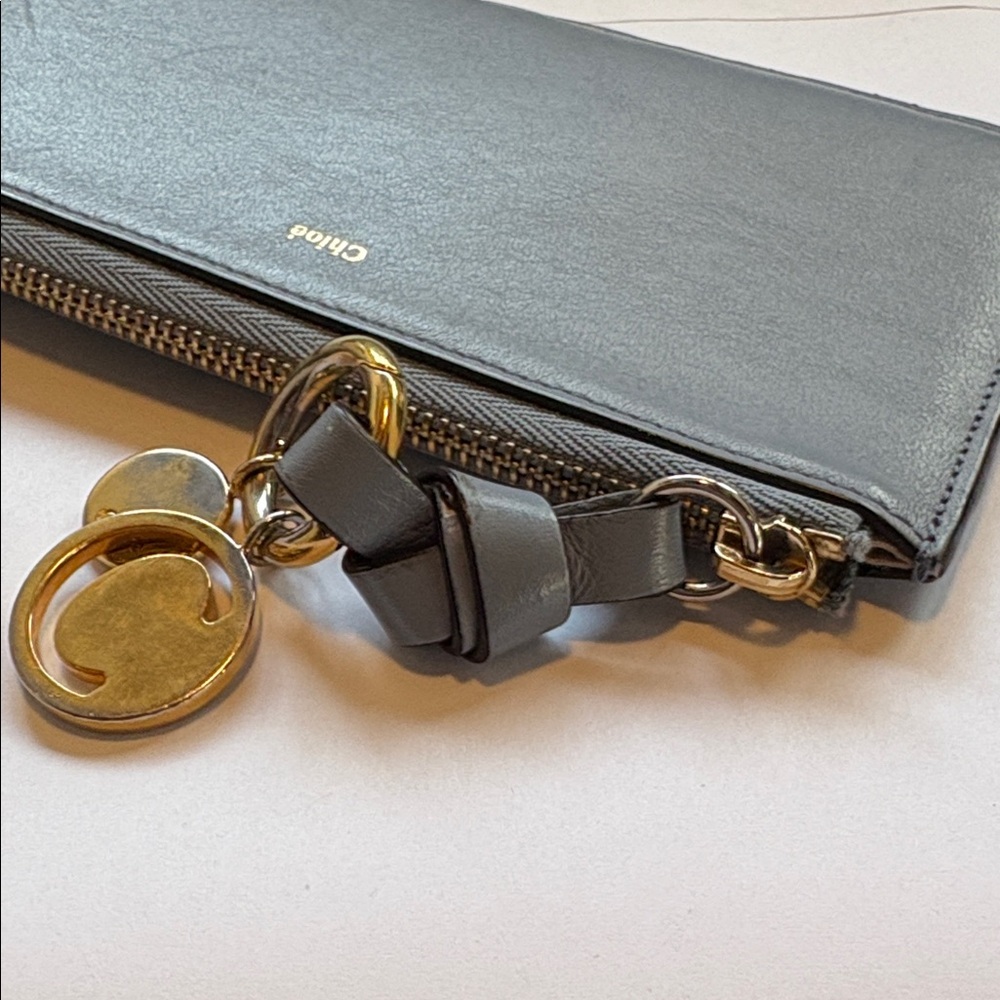 Chloe Alphabet Wallet Card Holder smooth blue gray leather gold hardware C charm - Picture 10 of 14